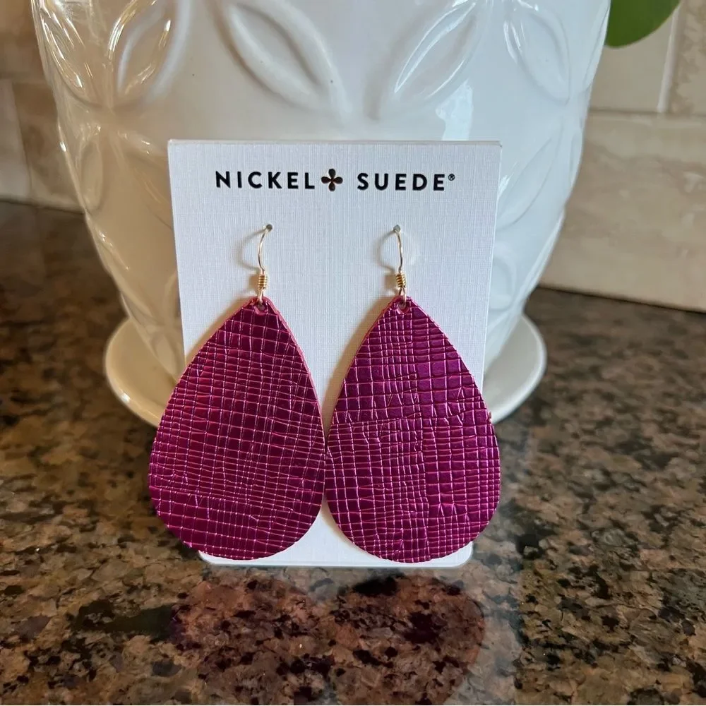 Nickel & Suede Full Grain Leather Nickel Free Textured Fuchsia Teardrop Earrings
